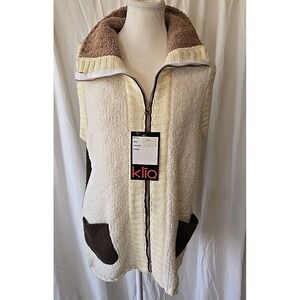 KliQ Women's Sherpa Fluffy Vest Cream Brown High Collar Fullzip Pockets Sz S NWT